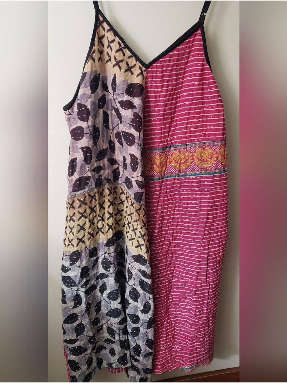 New Kantha Printed Spaghetti-Strap Maxi Dress in Pink and Black With Pockets